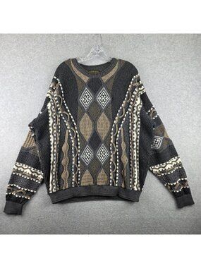 Tosani Sweater Mens XL Gray Coogi Style Chunky Knit Geometric Heavyweight